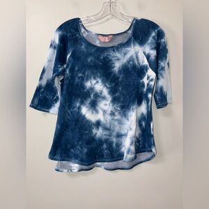 SJS Blue White Tie Dye Short Sleeve Top Boho Hippie Chic M